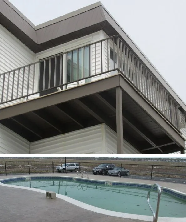 two pictures of a house with a swimming pool.