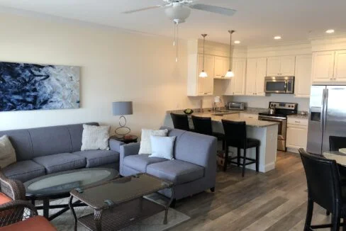 a living room filled with furniture and a kitchen.