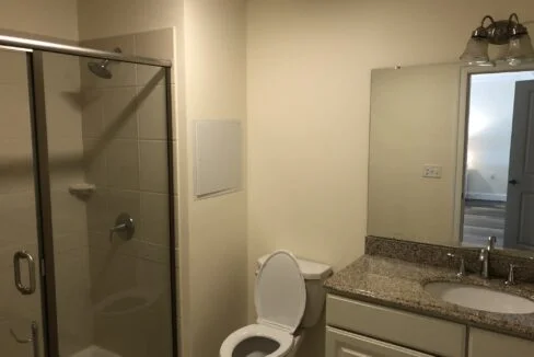 a white toilet sitting next to a walk in shower.