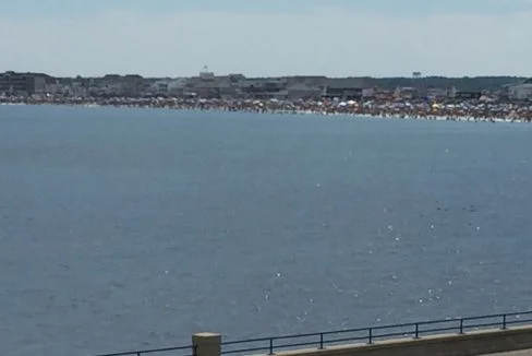 a large body of water next to a road.