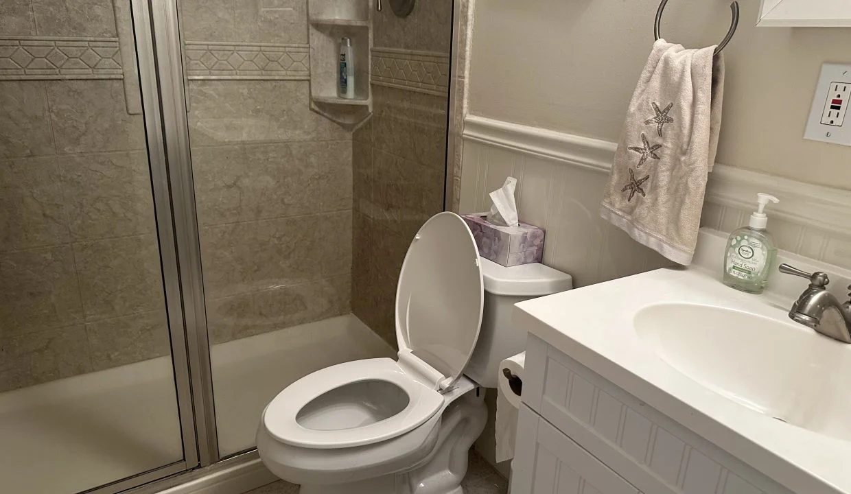 A clean bathroom featuring a toilet with an open lid, a shower stall, and a white vanity with a sink. a towel hangs on the rack and toiletries are on the counter.