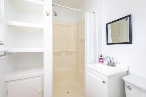 A small bathroom features a shower with a curtain, a vanity with a sink and mirror, white shelves, and a toilet. Sanitizer bottle is on the sink. Walls and furniture are white.