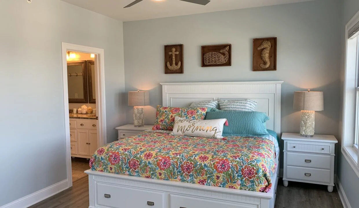 a bedroom with a bed, dressers and a ceiling fan.