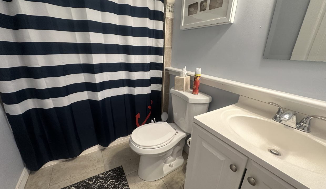 A bathroom with a white sink and cabinet, toilet, black and white striped shower curtain, framed pictures on the wall, and a rug on the tiled floor. Cleaning products are visible beside the toilet.