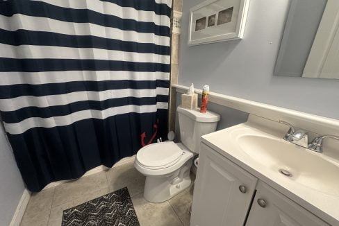 A bathroom with a white sink and cabinet, toilet, black and white striped shower curtain, framed pictures on the wall, and a rug on the tiled floor. Cleaning products are visible beside the toilet.