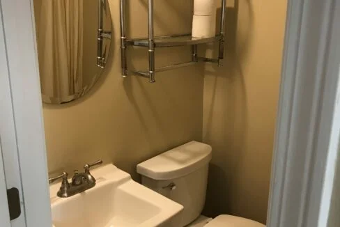 a bathroom with a toilet, sink and mirror.