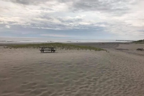 a picnic table in the middle of a sandy beach.