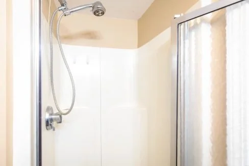 A shower with a flexible shower head, an off-white surround, and a partially visible frosted glass door.