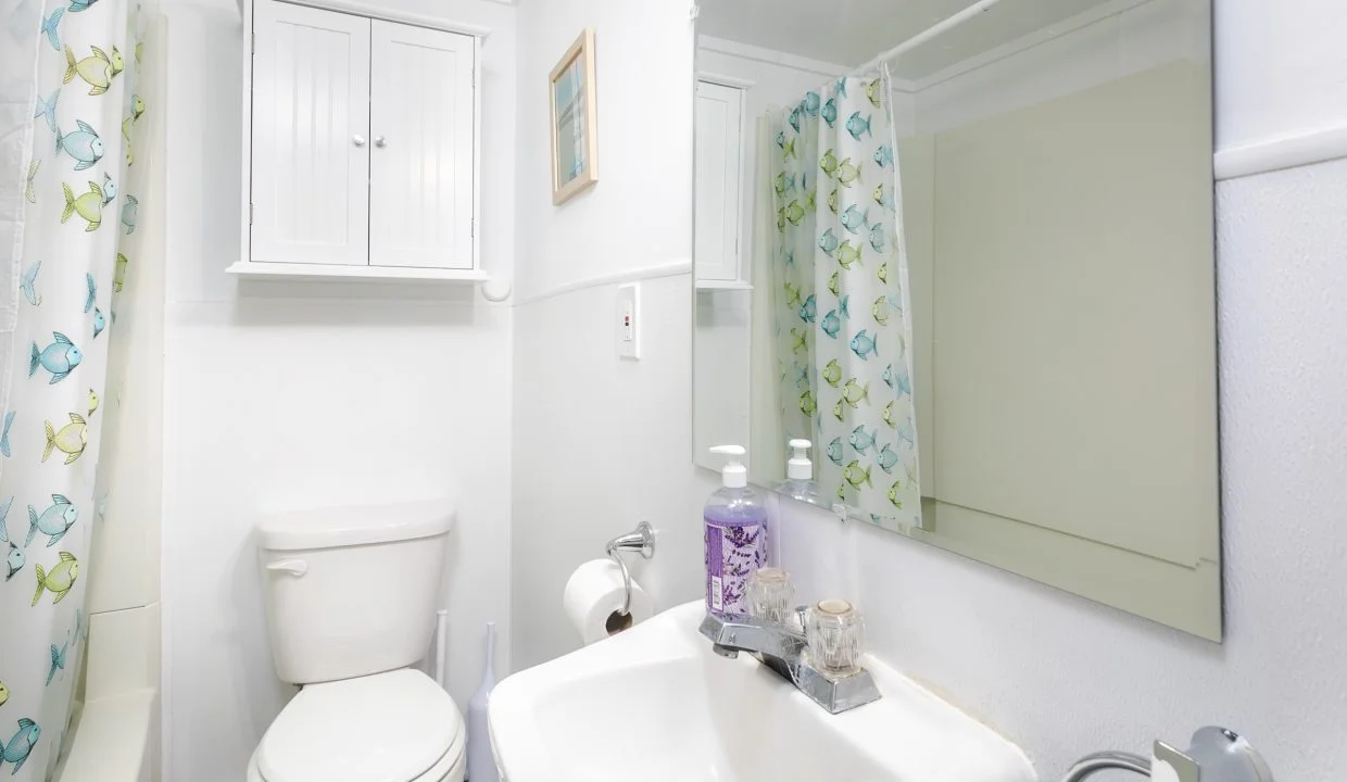 A clean and bright bathroom with a shower curtain, toilet, and sink.