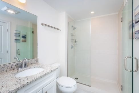 A modern bathroom features a granite countertop with a sink, a toilet, and a glass-enclosed shower. The walls are white, and there is a framed painting next to the shower.