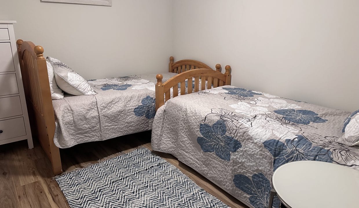 A bedroom features two wooden twin beds with blue floral bedding, a chevron-patterned rug, and a small round table. A framed 