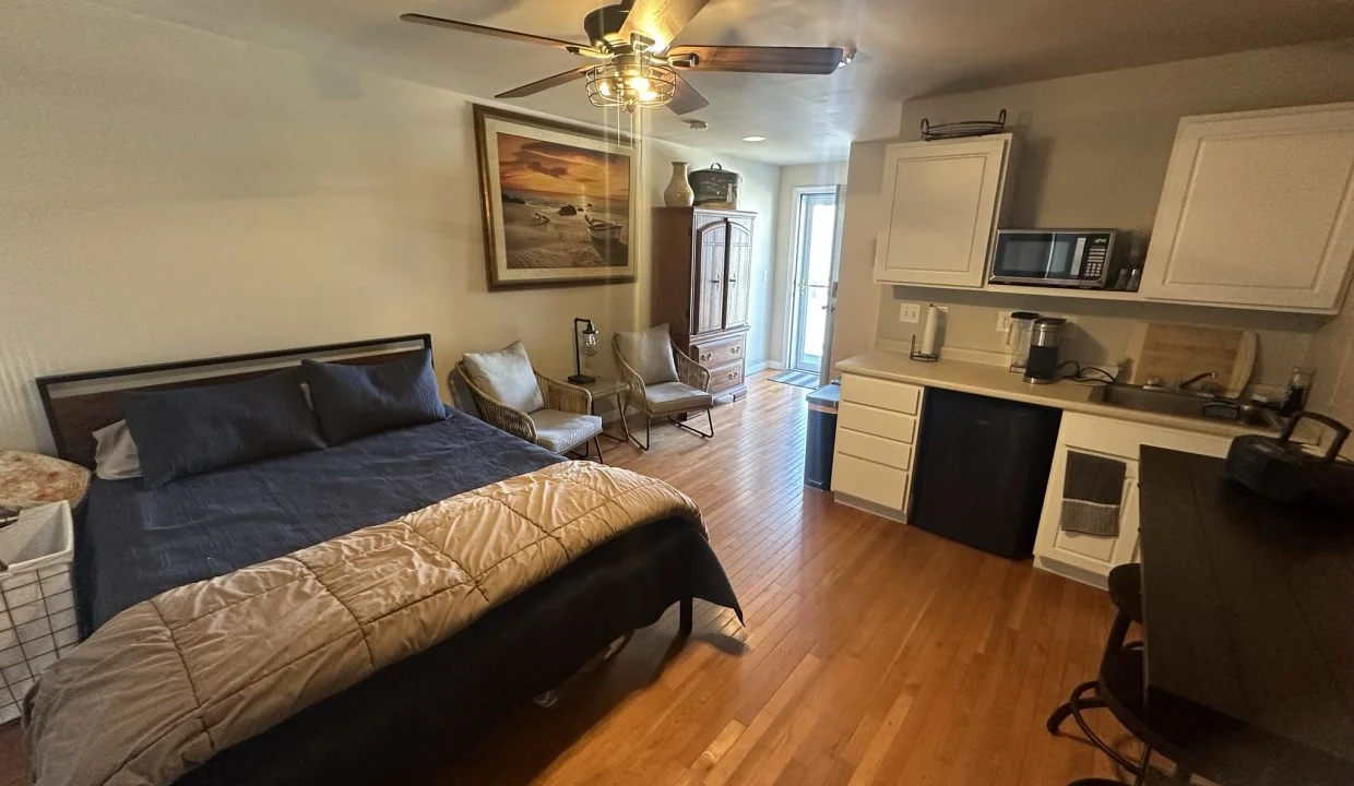 a bedroom with a bed, a desk, and a microwave.