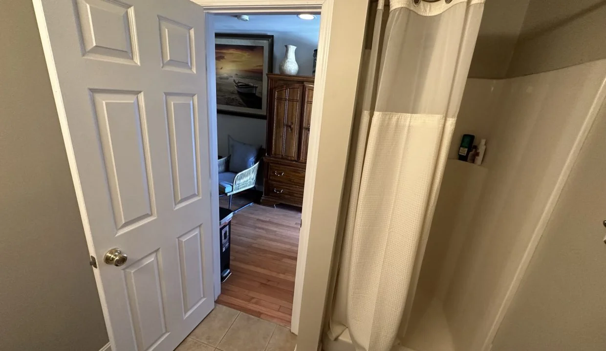 a bathroom with a shower and a toilet.