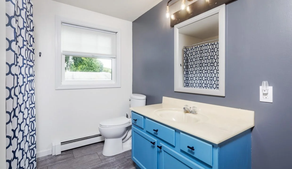 A bathroom with blue cabinets and a white toilet.