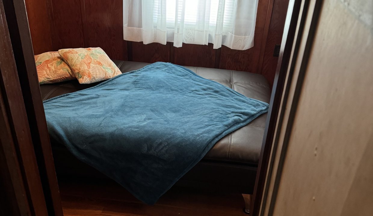 A small room with wooden walls and floor features a black couch bed with a blue blanket and two pillows near a window with sheer white curtains.