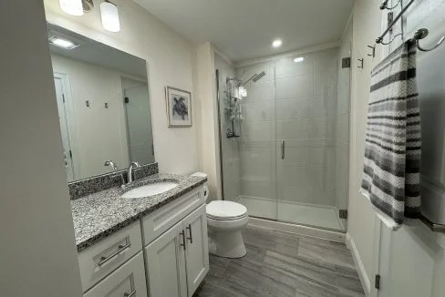 Modern bathroom interior with shower stall, vanity, and mirror.