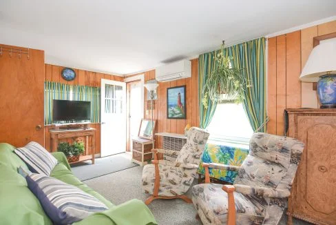 A brightly lit living room with green couch, patterned chairs, wood paneling, a television, and large window with curtains.