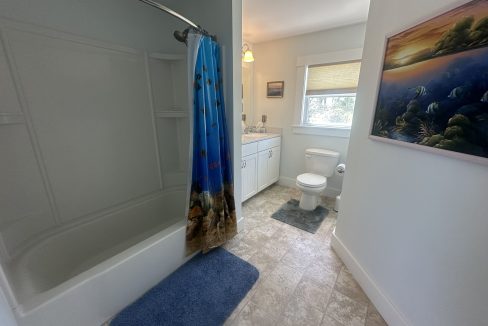 A bathroom with a tub and shower combination with a blue shower curtain, white vanity with sink, toilet, and blue rugs on the tile floor. A window and a scenic painting are also visible.