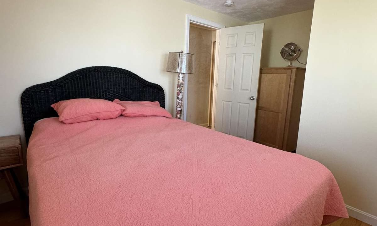 A bedroom with a bed covered in a pink quilt, two pink pillows, a side table with a lamp, a closed door, and a wooden cabinet.