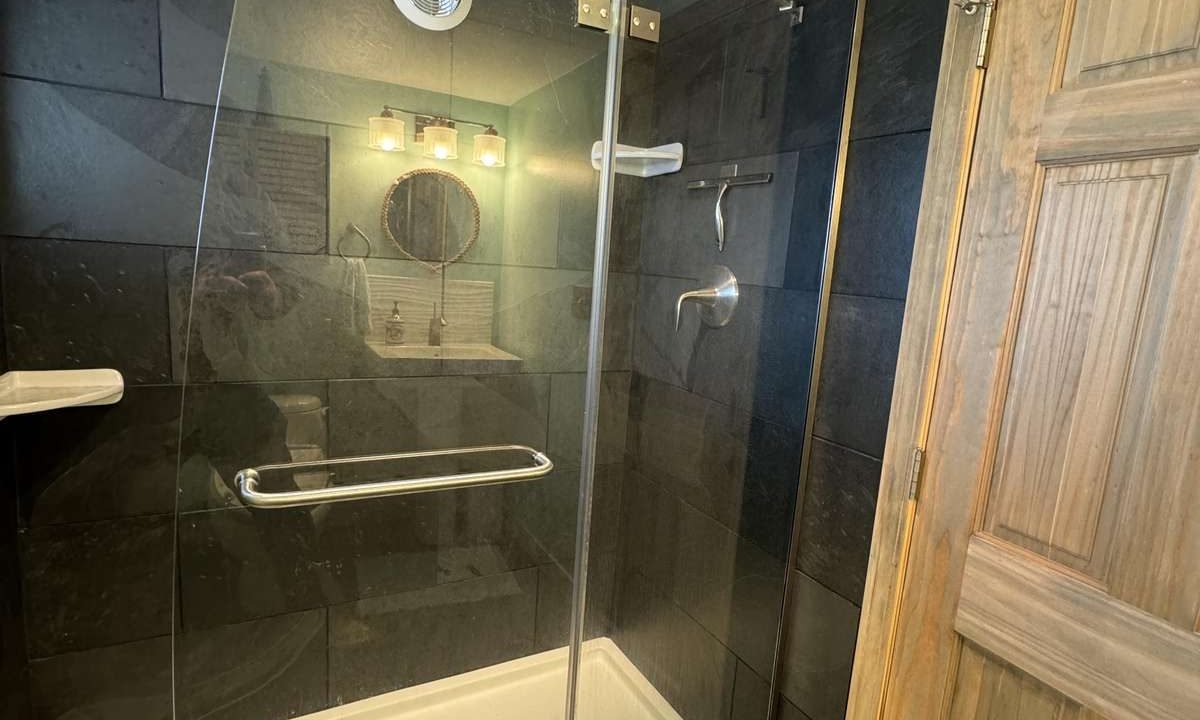 Glass-enclosed shower with dark tile walls, a light wood door, and a mounted rain showerhead inside.