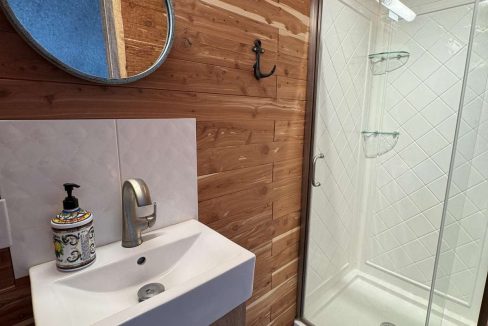 A small bathroom with wood-paneled walls, a round mirror, a sink with a faucet, and a soap dispenser on the left. On the right, there is a glass-enclosed shower with a white tiled interior.