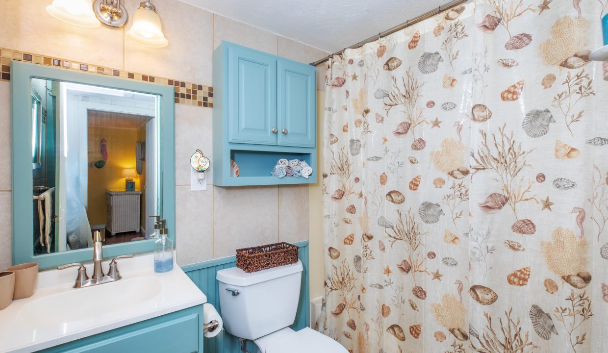 A bathroom with blue cabinets, a white sink with a mirror above, and a toilet. The shower has a curtain with marine life designs.