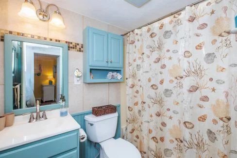 A bathroom with blue cabinets, a white sink with a mirror above, and a toilet. The shower has a curtain with marine life designs.