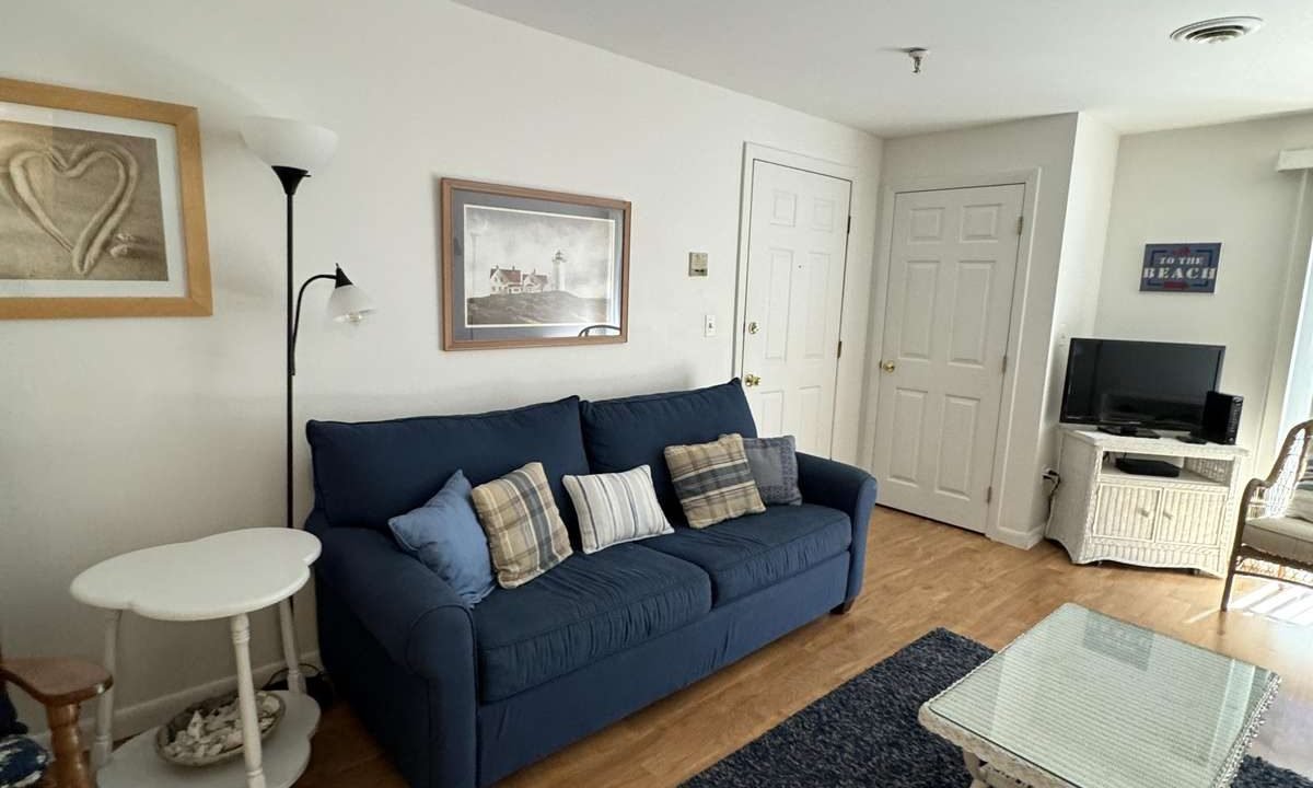 A living room with a blue couch, white side table, wicker coffee table, floor lamp, wall art, TV on a stand, and a dark blue rug on a wooden floor.