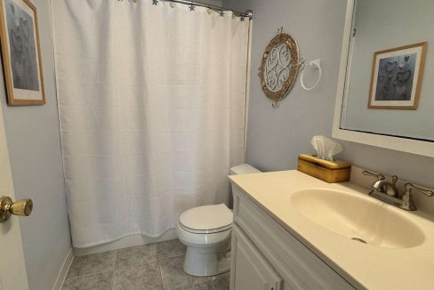 A bathroom with light-colored walls, a white sink cabinet, a toilet, and a bathtub with a white shower curtain. There are two framed pictures on the walls and a decorative wall mirror above a tissue box.