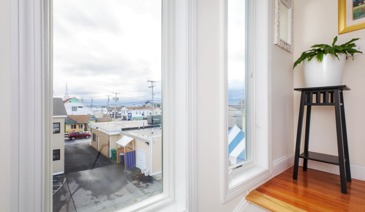 View through a large window showing a neighborhood with houses and utility poles under a cloudy sky. A tall plant on a wooden stand is positioned by the window.