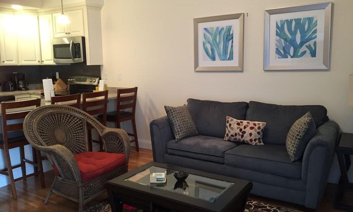 Living room with a gray sofa, wicker chair, decorative pillows, coffee table, and kitchen with bar stools in the background. Two framed abstract paintings on the wall.