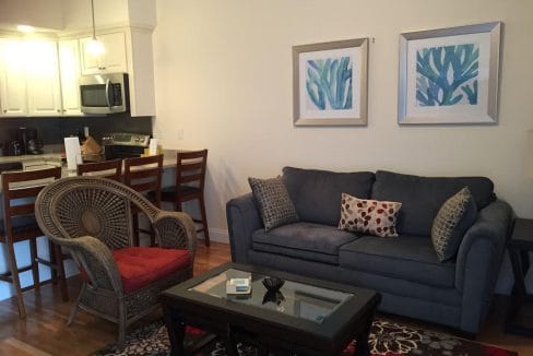 Living room with a gray sofa, wicker chair, decorative pillows, coffee table, and kitchen with bar stools in the background. Two framed abstract paintings on the wall.