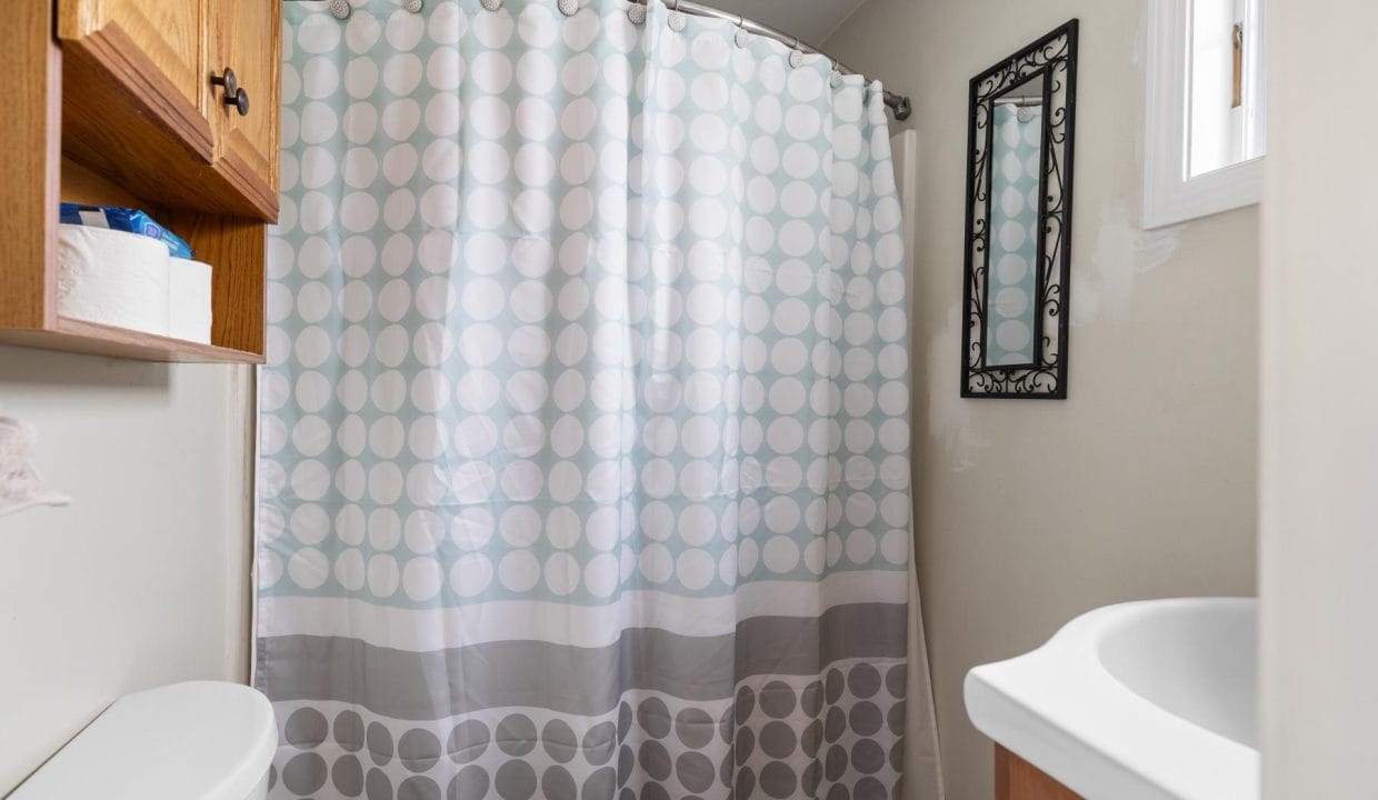 Small bathroom with a shower curtain featuring circular patterns, a wooden cabinet, a mirror, and a sink.