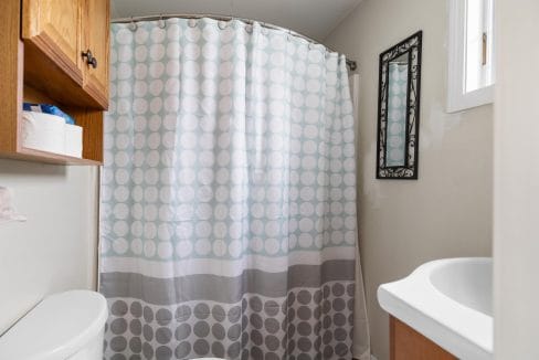 Small bathroom with a shower curtain featuring circular patterns, a wooden cabinet, a mirror, and a sink.