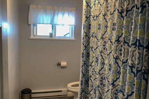 Bathroom with a patterned shower curtain, toilet, toilet paper roll, small window with curtains, and a trash bin on a wooden floor.