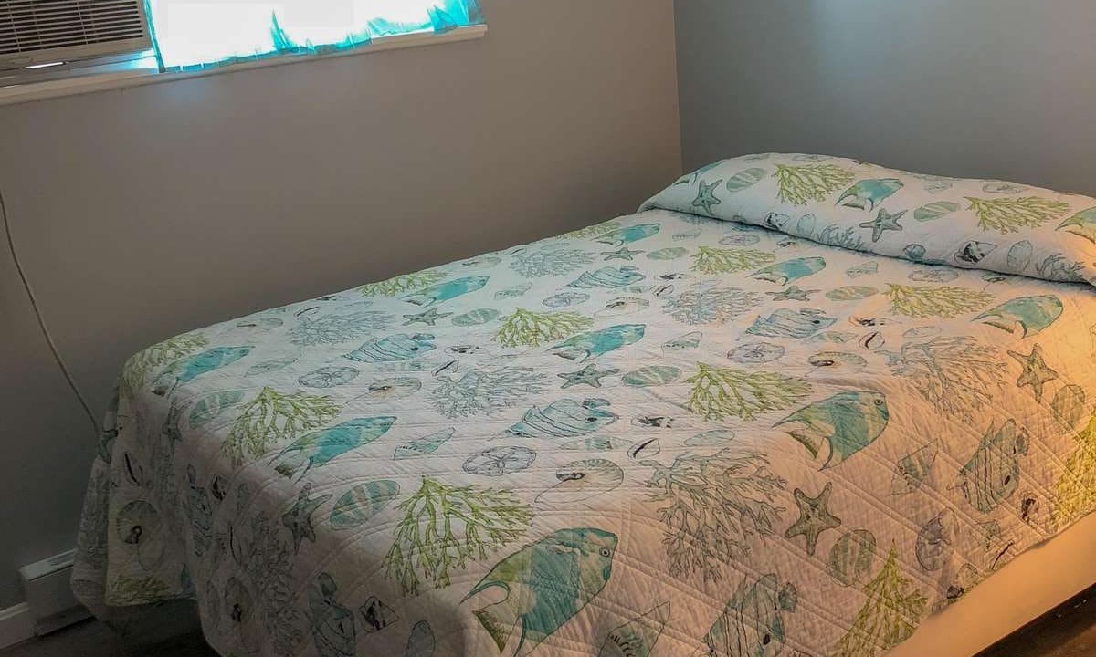 A bed with a marine-themed quilt is in a room with gray walls, a wood floor, and a window with an air conditioner.