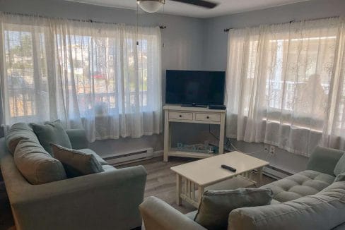 Living room with light green sofas, a white coffee table, a TV on a stand, large windows with sheer curtains, and a ceiling fan. Wood flooring and light gray walls.