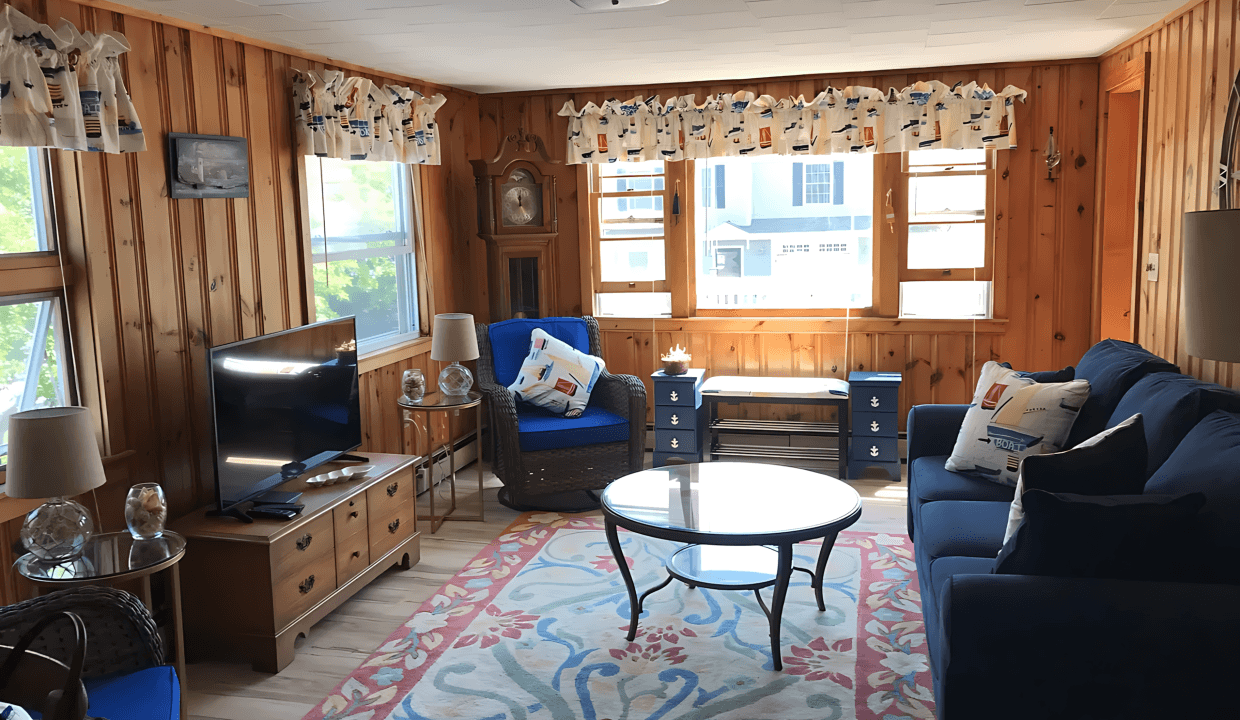 Cozy living room with wood-paneled walls, blue sofas, a round coffee table, and a TV. Nautical-themed curtains and cushions. Large windows allow natural light. Rug with floral design on the floor.